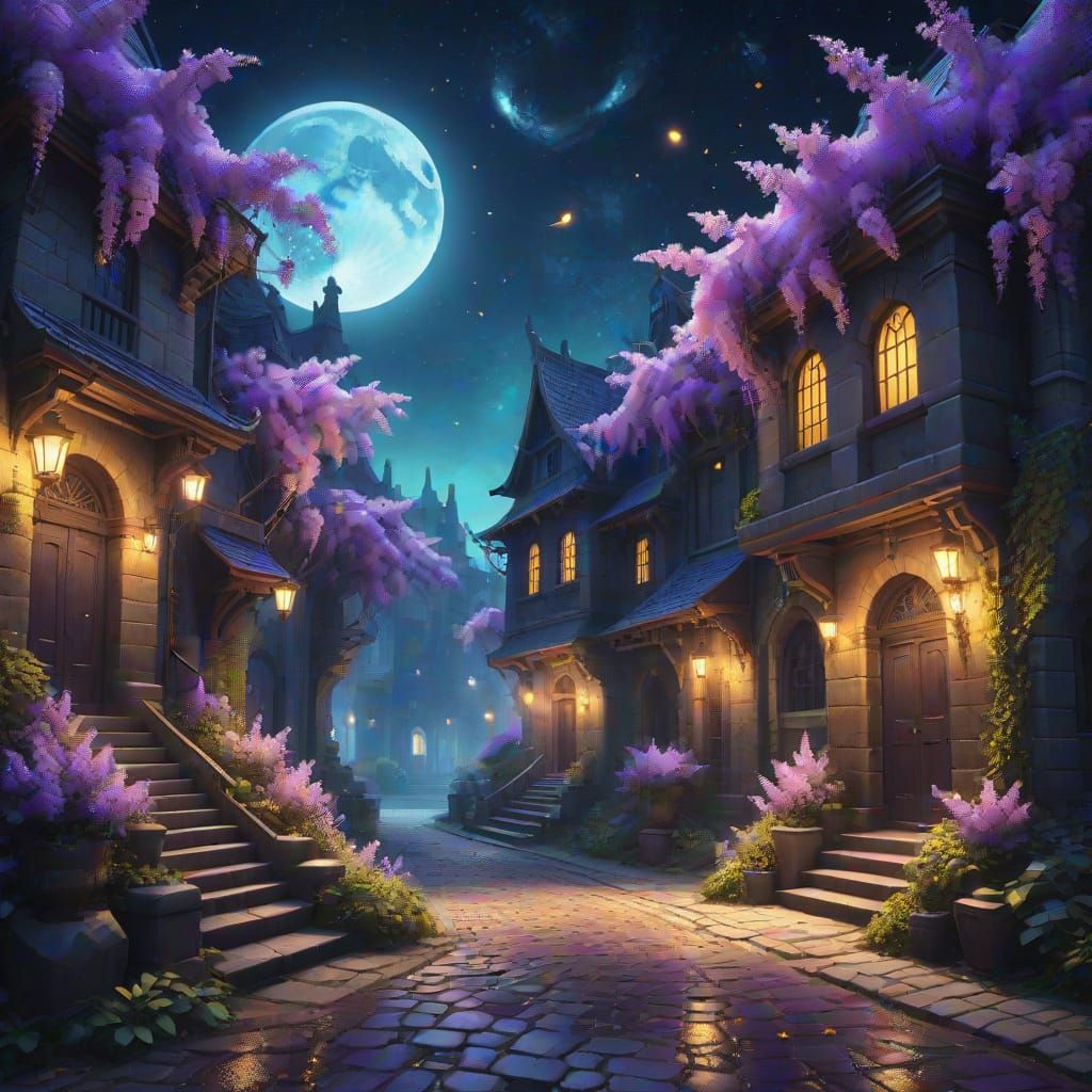Ethereal Wisteria Lane at Dusk in Vibrant Fantasy Style