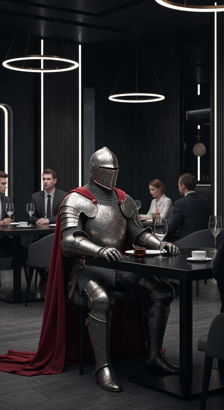 Medieval Knight in Modern Restaurant, Industrial Luxury