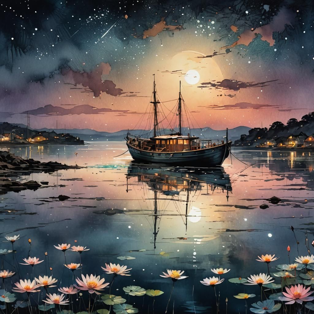 Boat on Moonlit Waters: Digital Watercolour Illustration