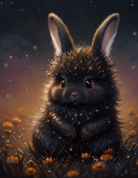 Cute Fluffy Bunny in Flower Rain, Oil Painting