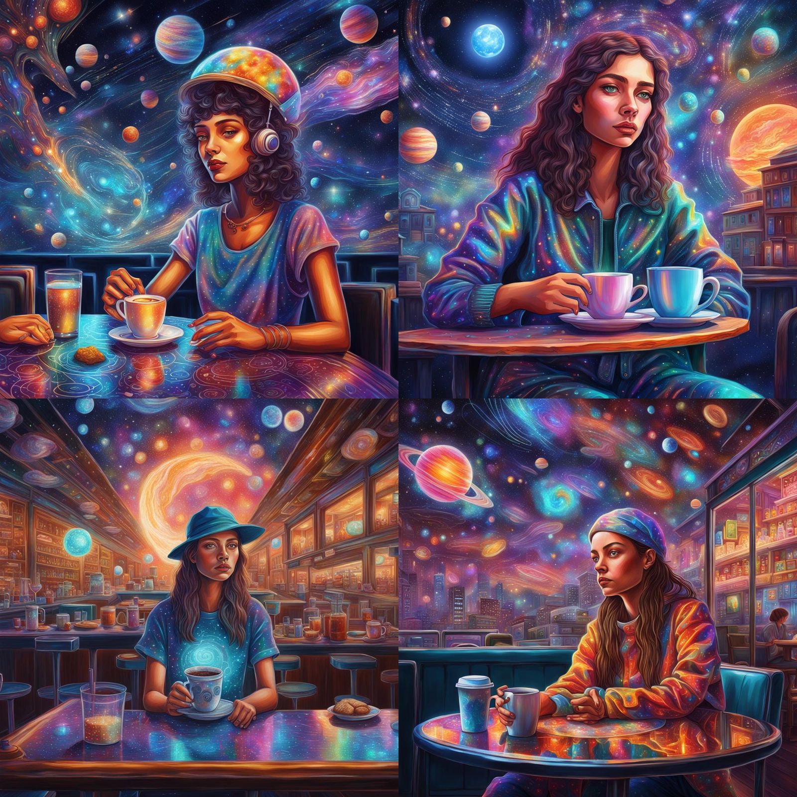 Cosmic Cafe Girl Illustration in Astral Style