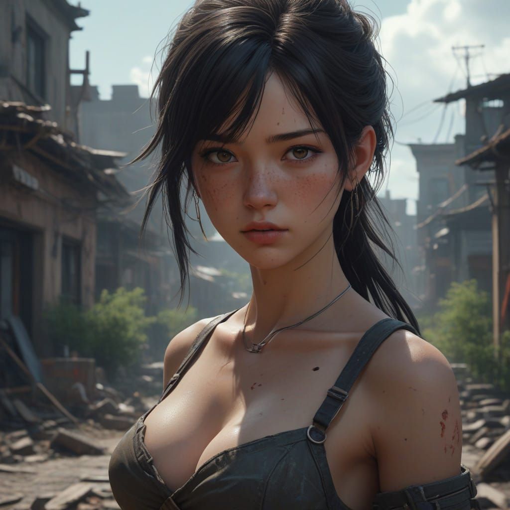 Dystopian Woman in Ruined Cityscape as Hyperrealistic Digita...