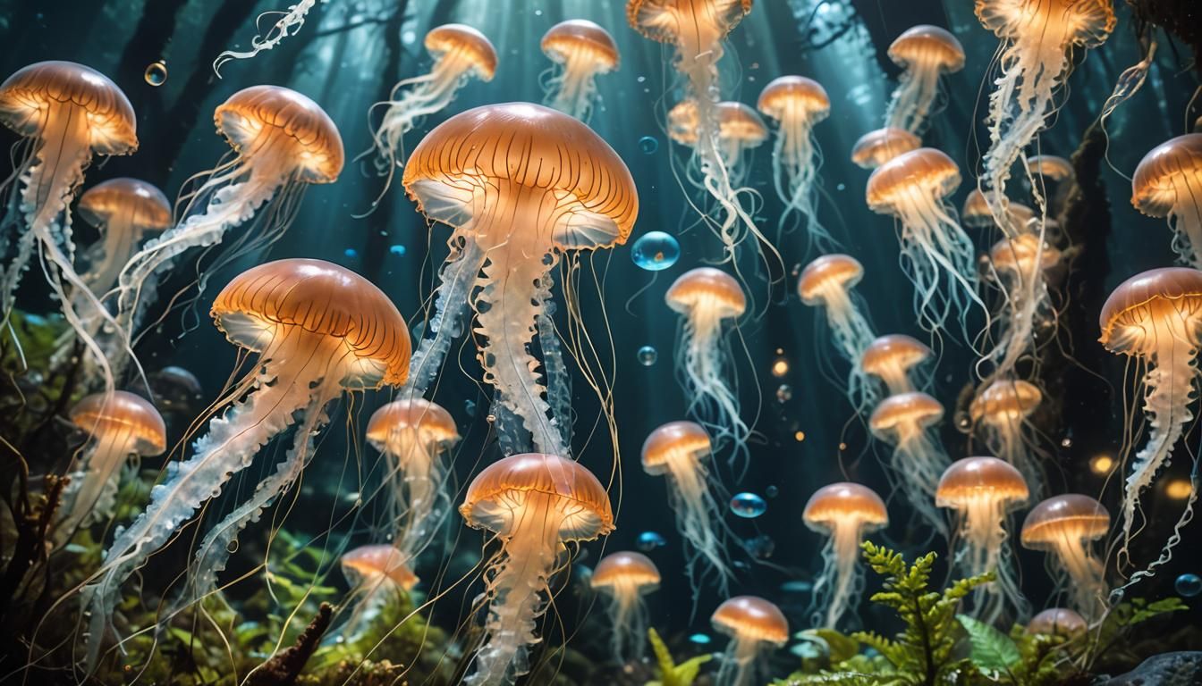 Bioluminescent Jellyfish in Deep-Sea Enchanted Forest