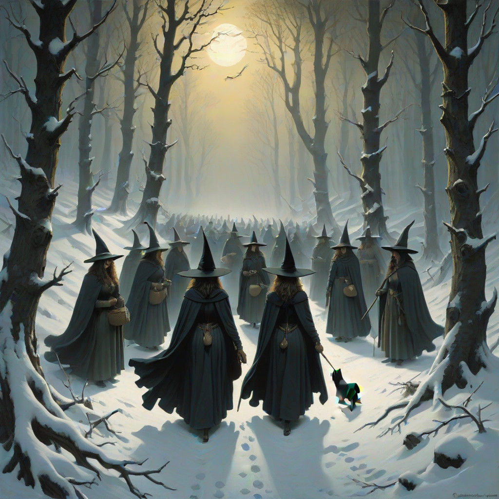Witches Cast Dark Spells in Snowy Forest