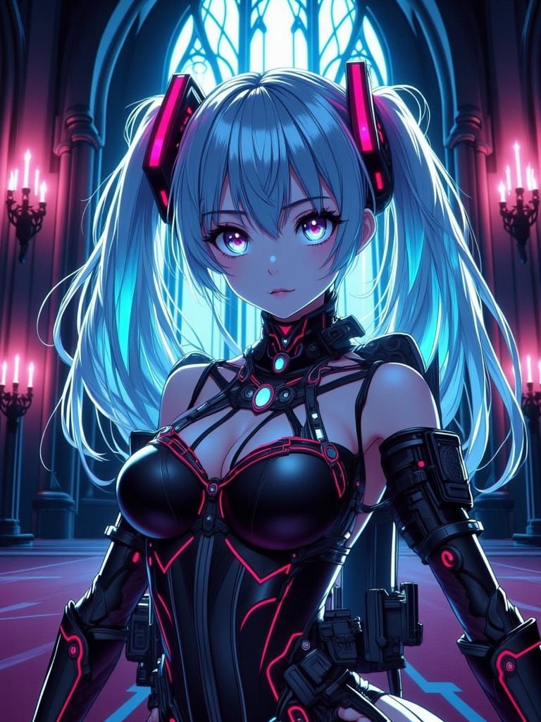 Anime Stylised image of a modern Goth style Hatsune Miku wit...
