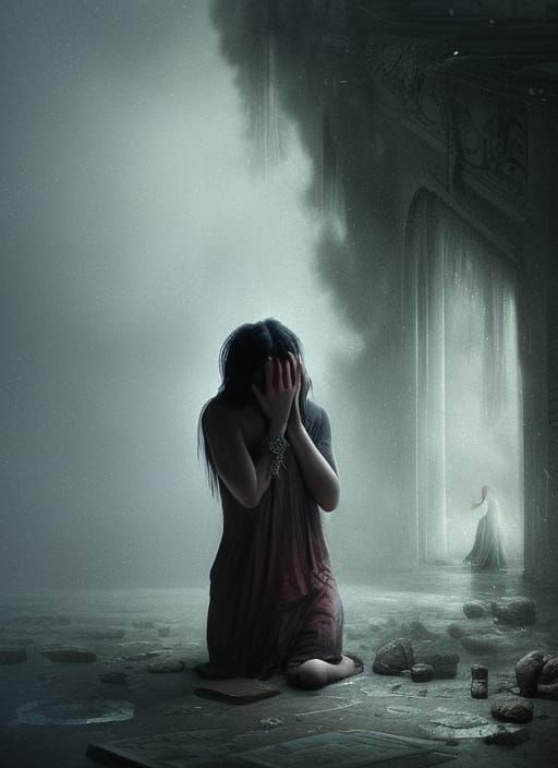 Woman Crying: Dramatic Digital Matte Painting