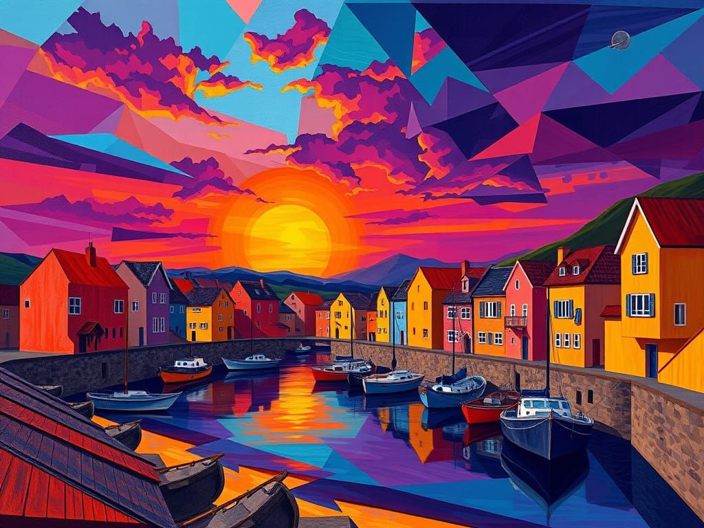 Cubist Fishing Village at Sunset in Surreal Impressionist St...