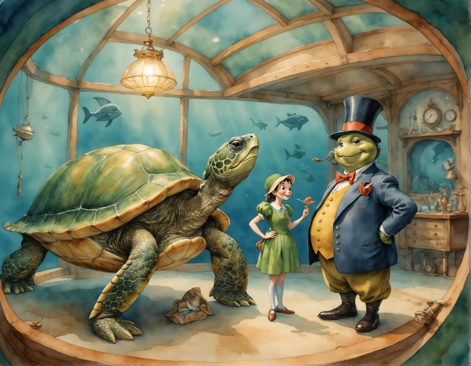 Turtle Pinocchio and Geppetto in Whale, Watercolor