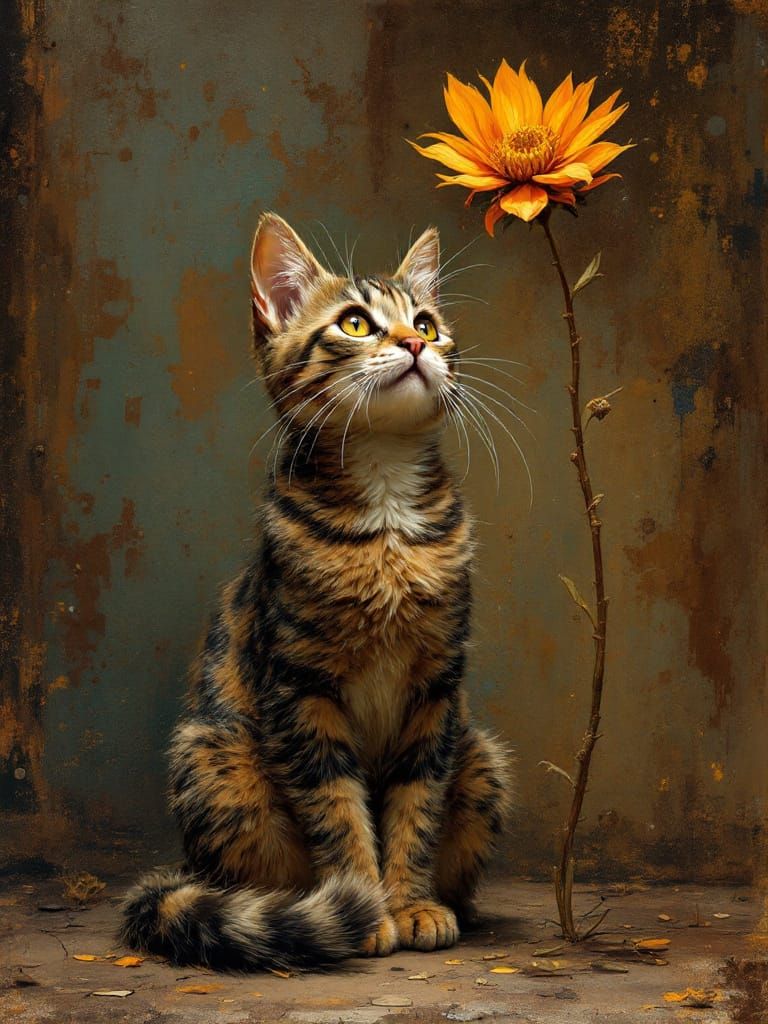 Steampunk Cat and Flower in Rembrandt Style