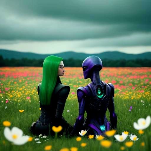 Alien Date on a Flower Field: Cinematic Still