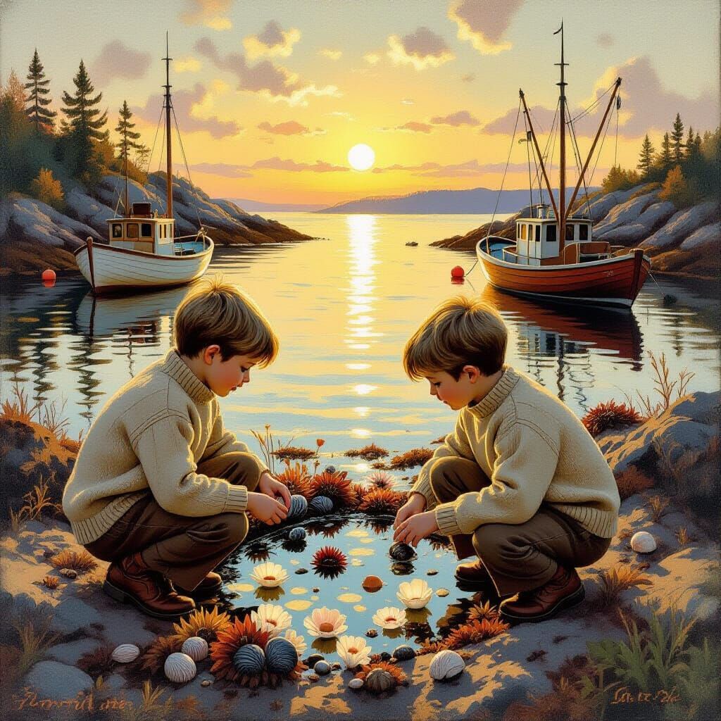 Children Explore Tidal Pool at Sunset: Evokes Group of Seven