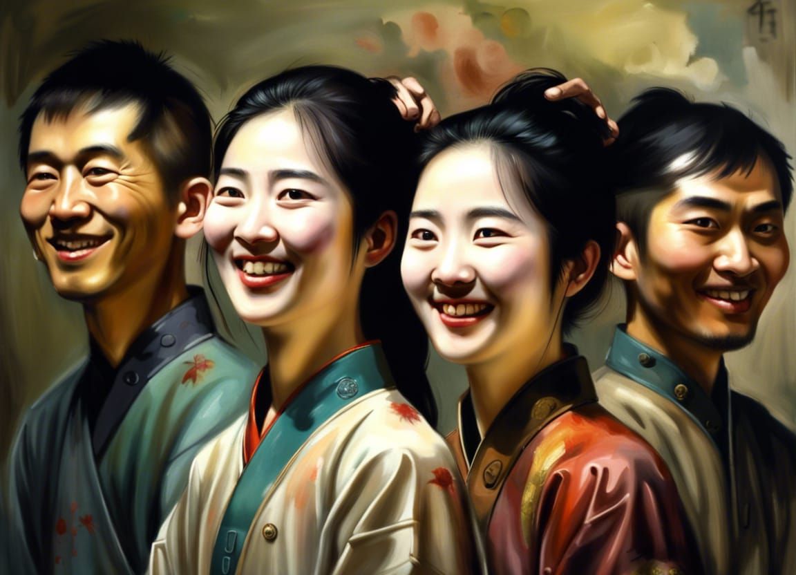 Smiling Group portrait by Hung Liu, Chen Yifei and Yue Minjun