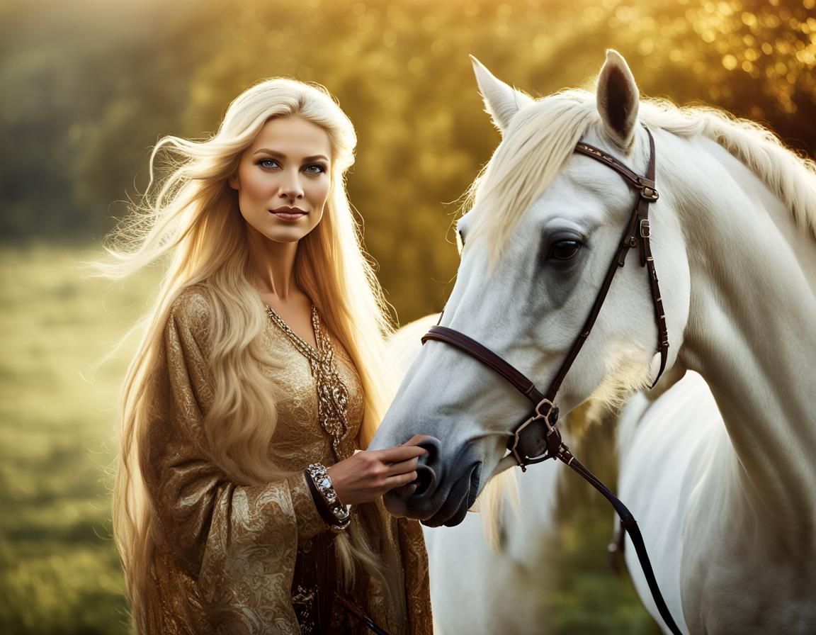 Lady Godiva Portrait Riding a White Horse