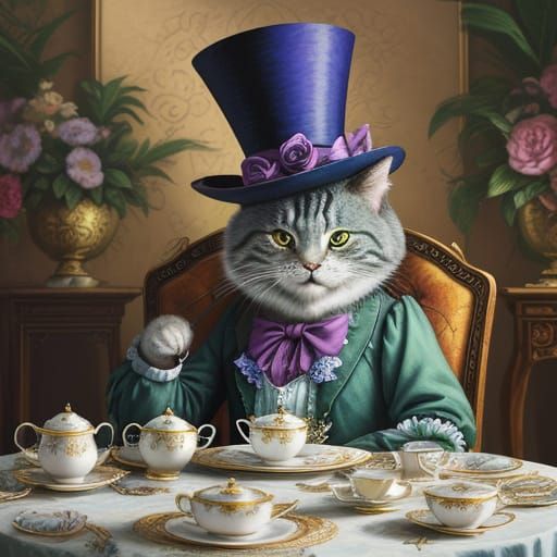 Whimsical Mad Hatter Kitty in a Lavish Tea Party Scene