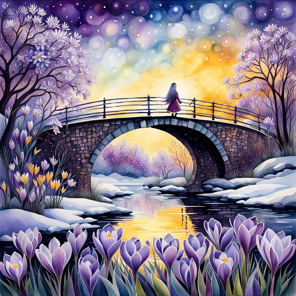 Young Woman with Crocuses: Watercolor Mosaic Art