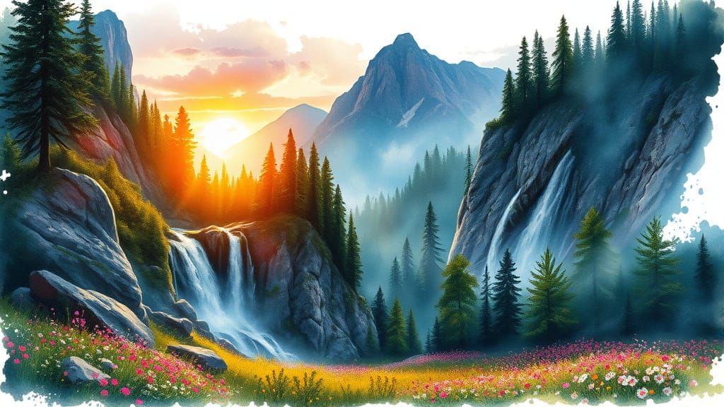 Mountain Sunrise in Vibrant Watercolour