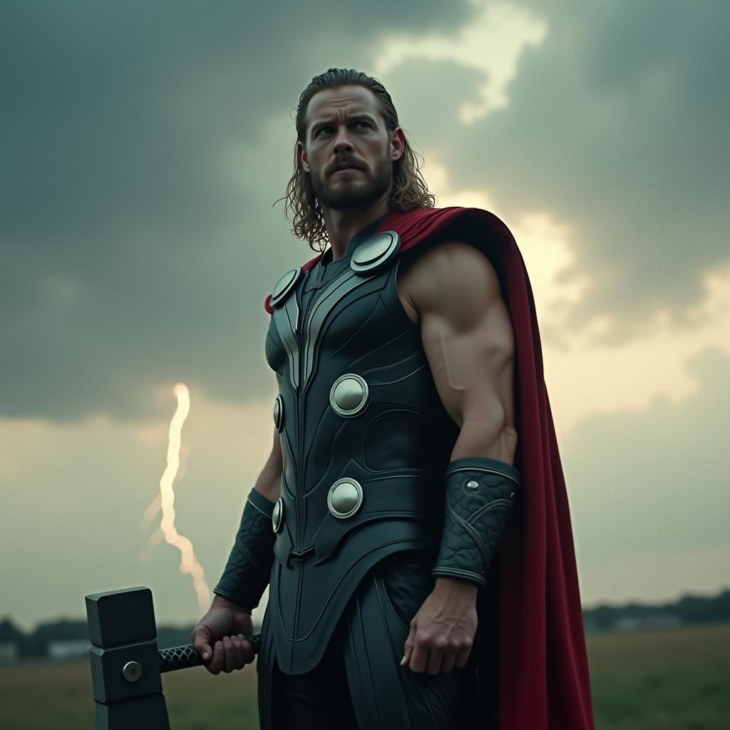 Thor Heroic 4K Still with Mjolnir in Stormy Sky