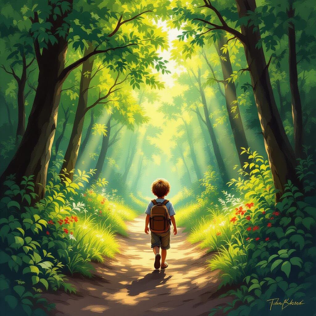 Barefoot Boy Hiking Forest Path in Summer Sunlight