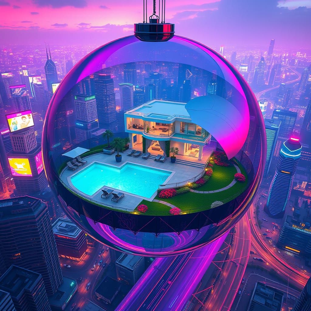Crystal Sphere Suspends Luxurious Mansion Above Retro-Futuri...