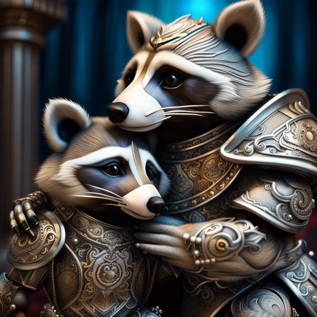 Before they go off to battle, father and son hug.