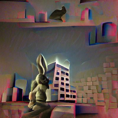 Humanoid Rabbit Contemplates Free Will in Brutalist City