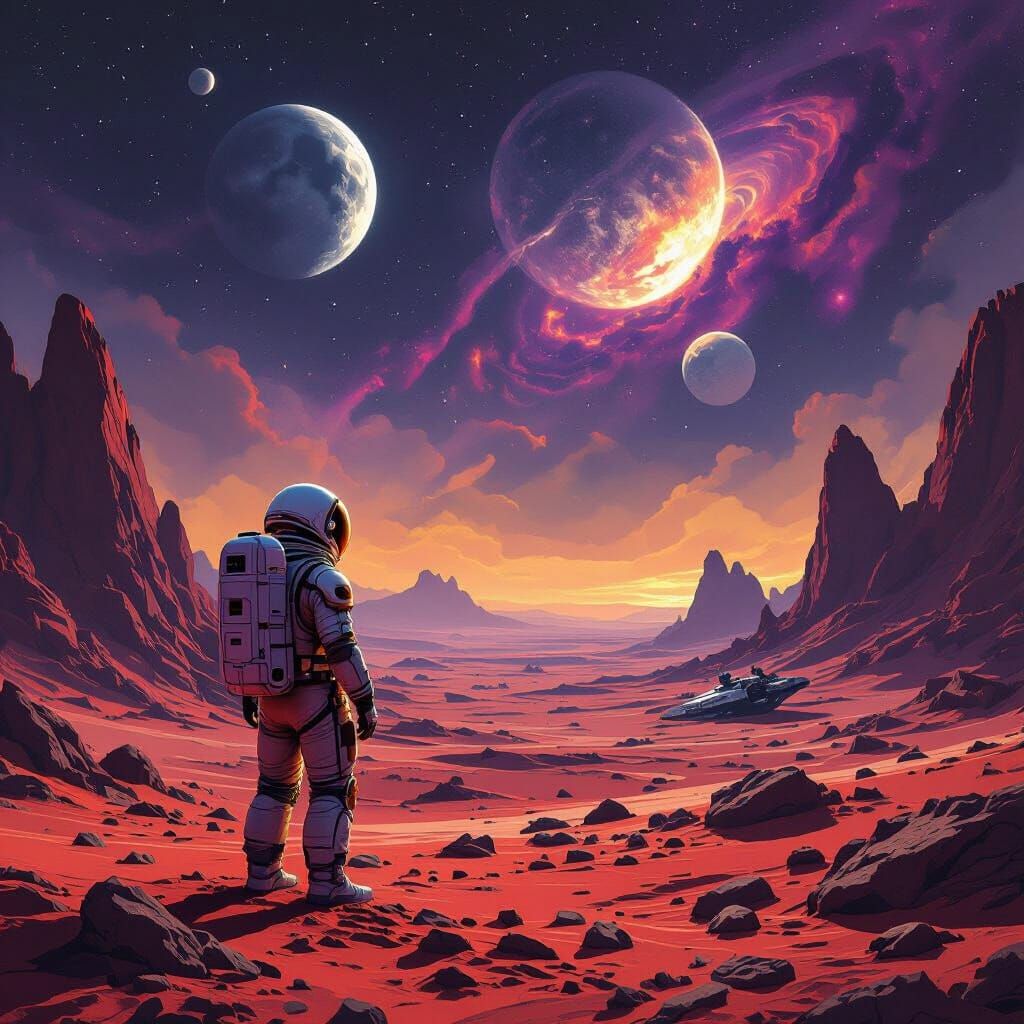 Astronaut on Alien Planet with Two Moons