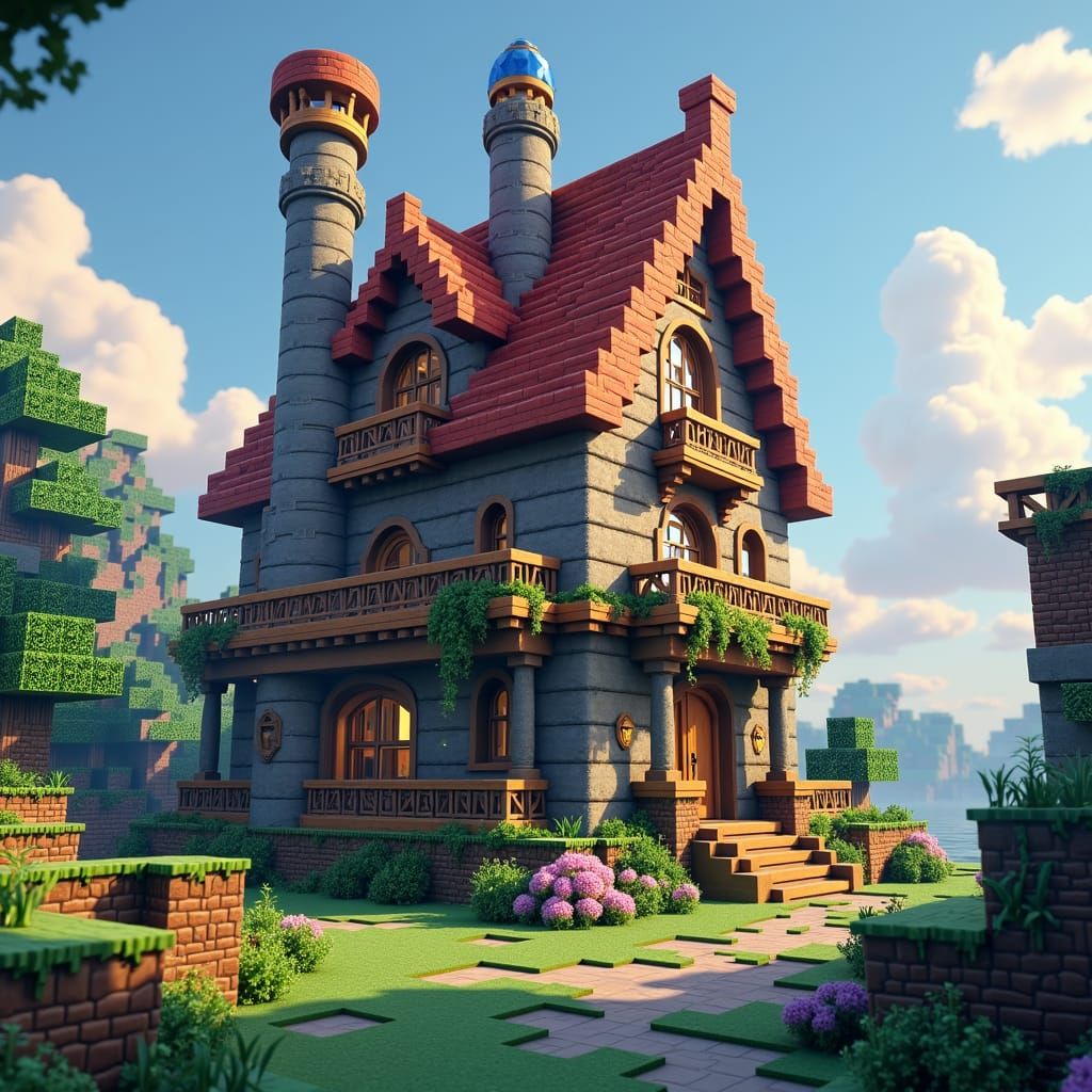 Grand Minecraft House in Fantasy Landscape