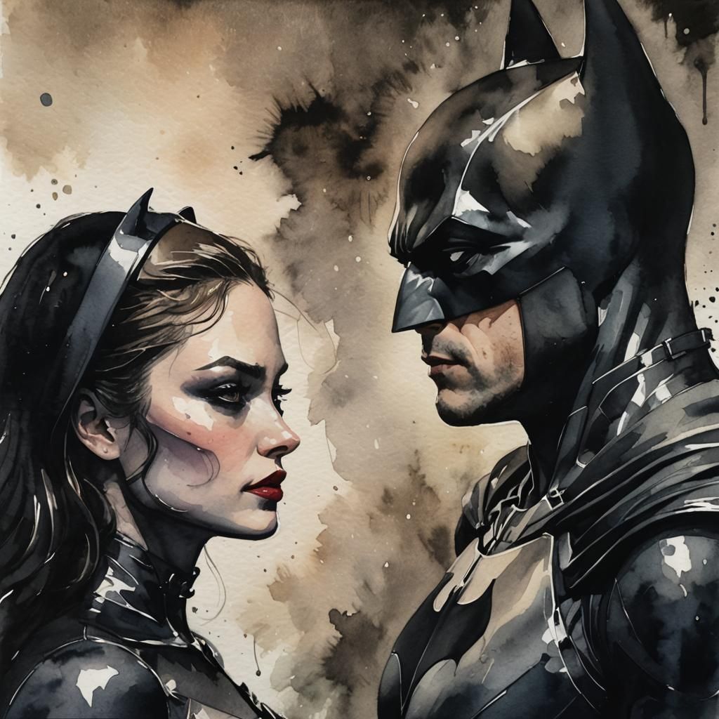 Dark & Moody Watercolor Art about batman and catwoman in a d...
