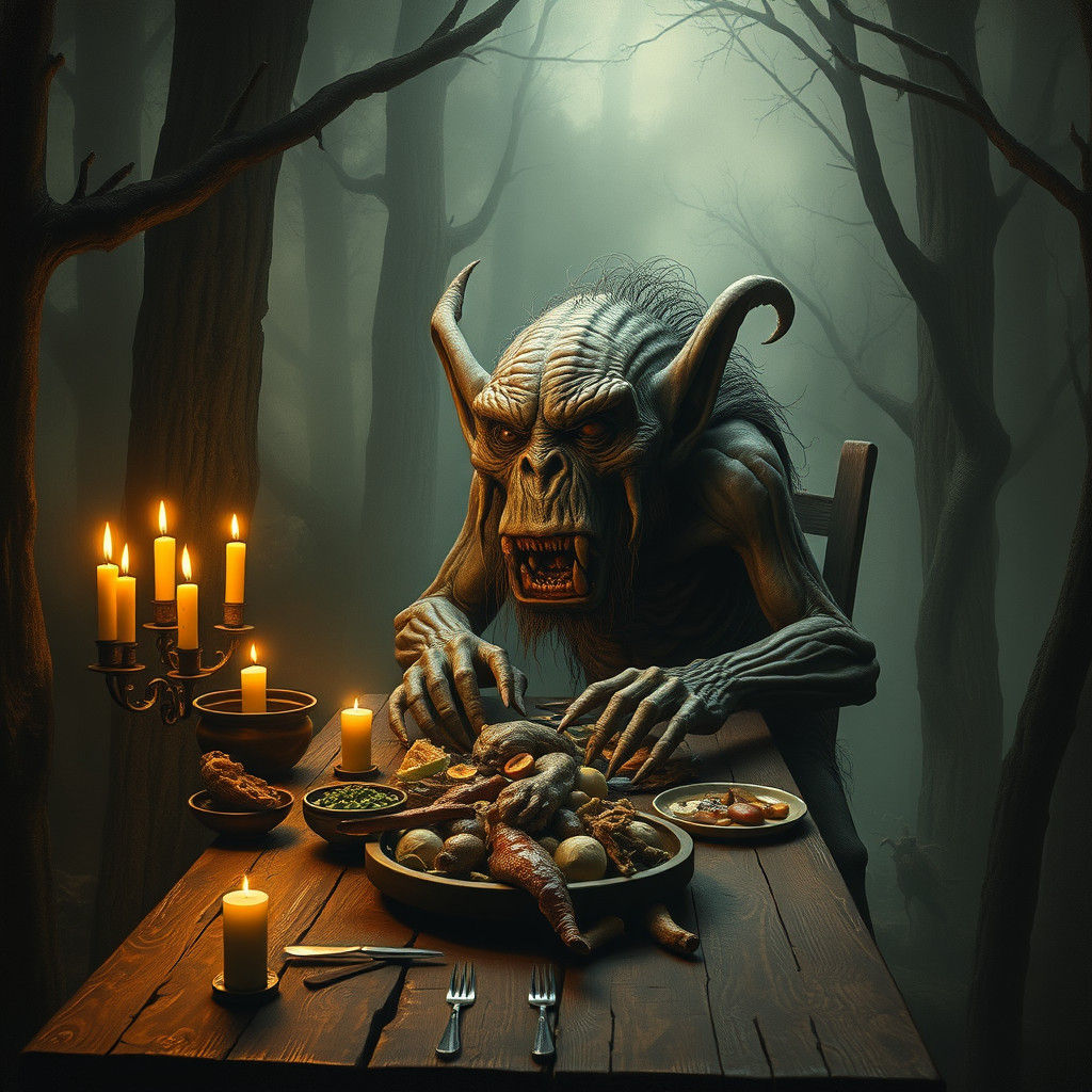 Grotesque Troll Feast in Dark Surrealist Style
