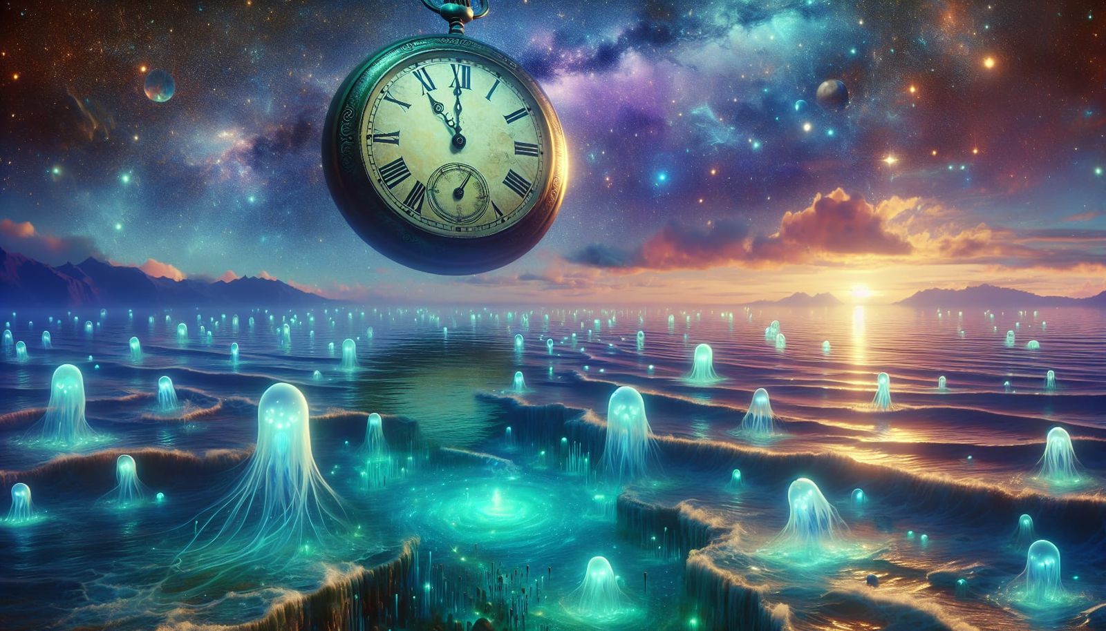 Surreal Dreamscape: Colossal Pocket Watch Over Bioluminescen...