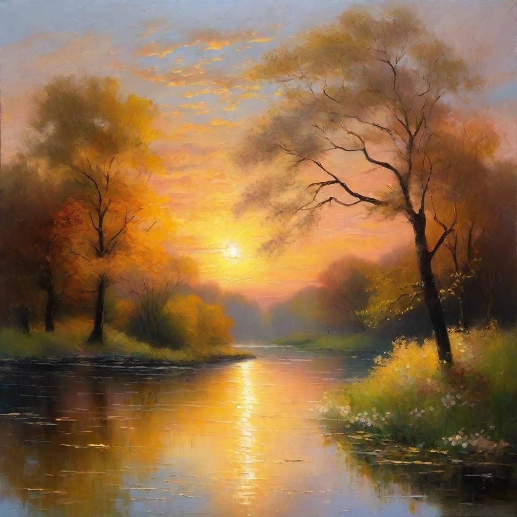 Blooming Tree at Dusk: Romantic Impressionist Landscape