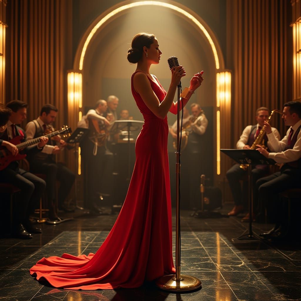 Vintage Jazz Singer Performs Under Art Deco Arch
