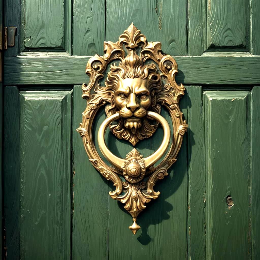Victorian Brass Hand Knocker on Green Door