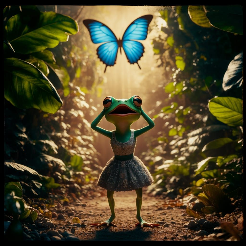 Enchanted Rainforest: Frog and Butterfly in Cinematic Still