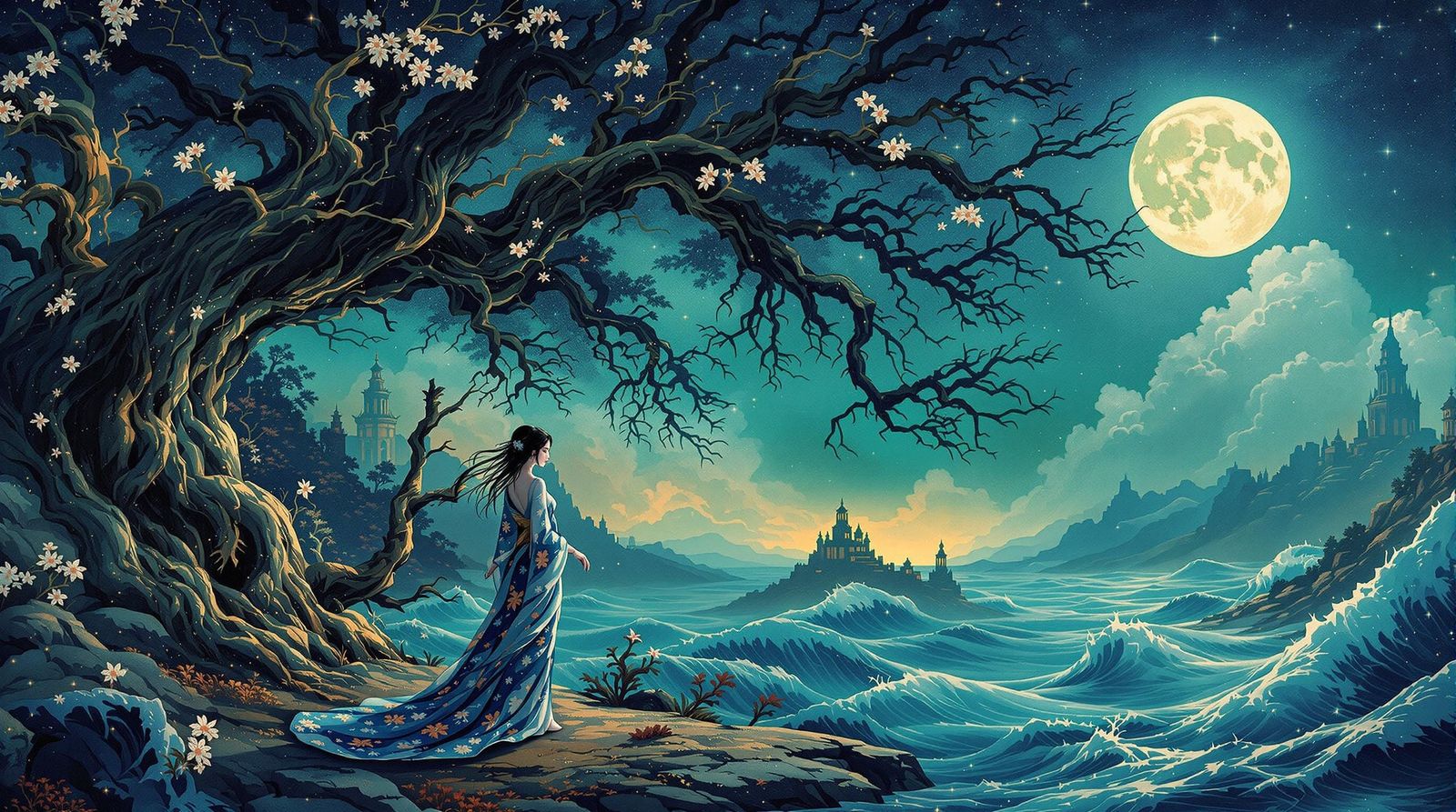 Serene Goddess in Vibrant Ukiyo-e Wave