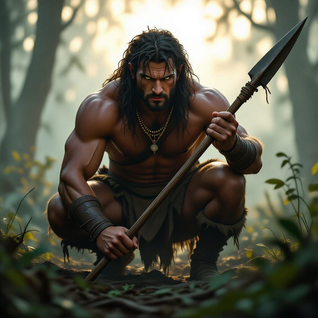 Rugged Hunter in Misty Forest, in Frazetta Style
