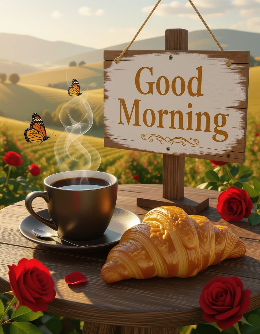 Good Morning Coffee and Croissant Scene in 3D Realistic Styl...