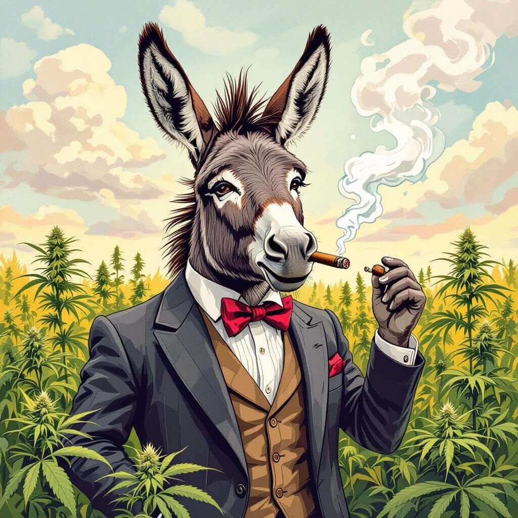 Donkey in Suit Smoking Cigar in Cannabis Field