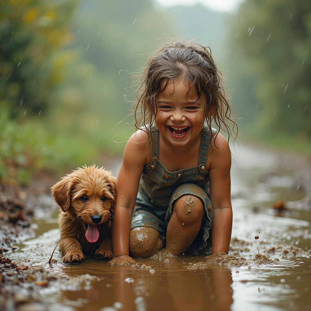 Girl and Puppy's Muddy Puddle Adventure as Impasto Painting
