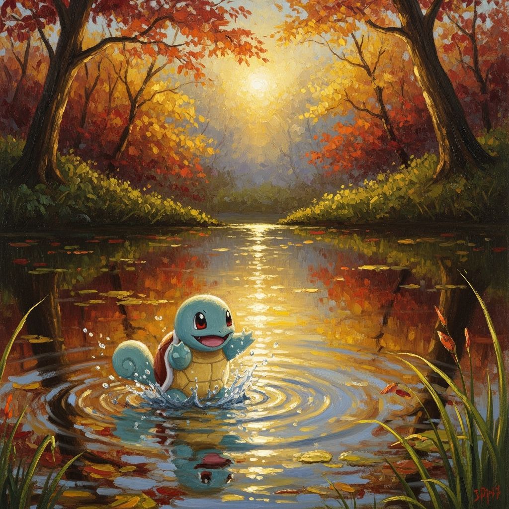 Squirtle Splashing in Autumn Pond Oil Painting