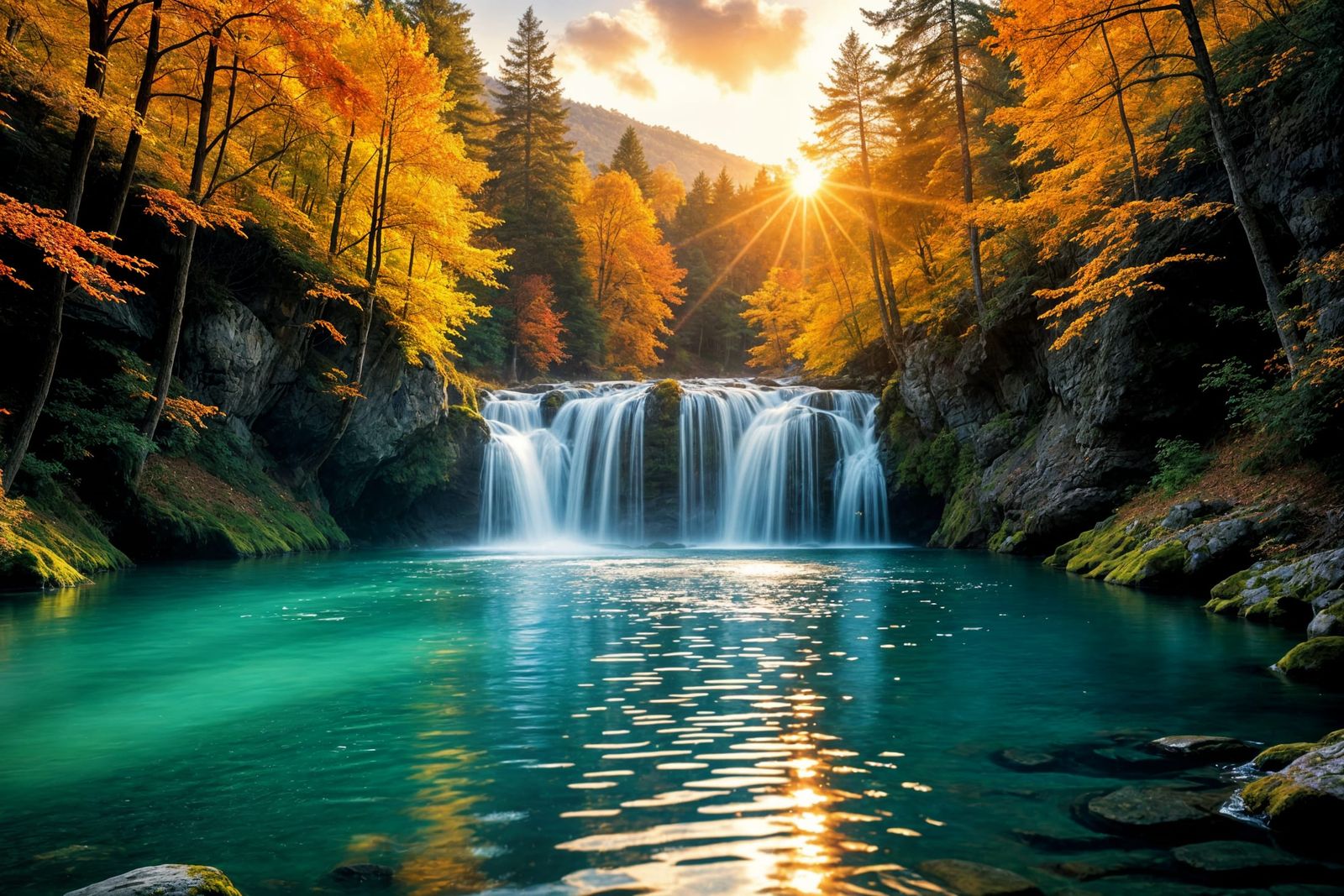 Autumn Waterfall in Magical Sunset Forest Light