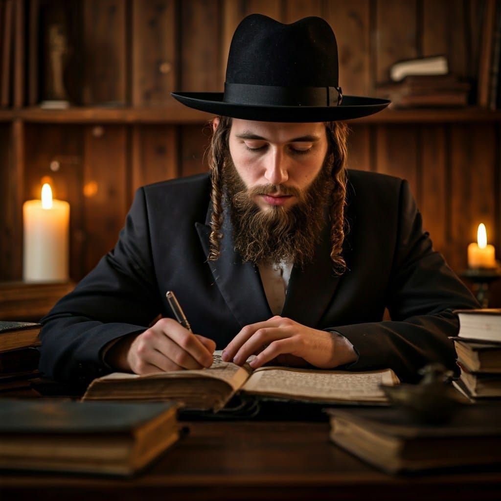 A Young Hasidic Man Studies in Warm Candlelight