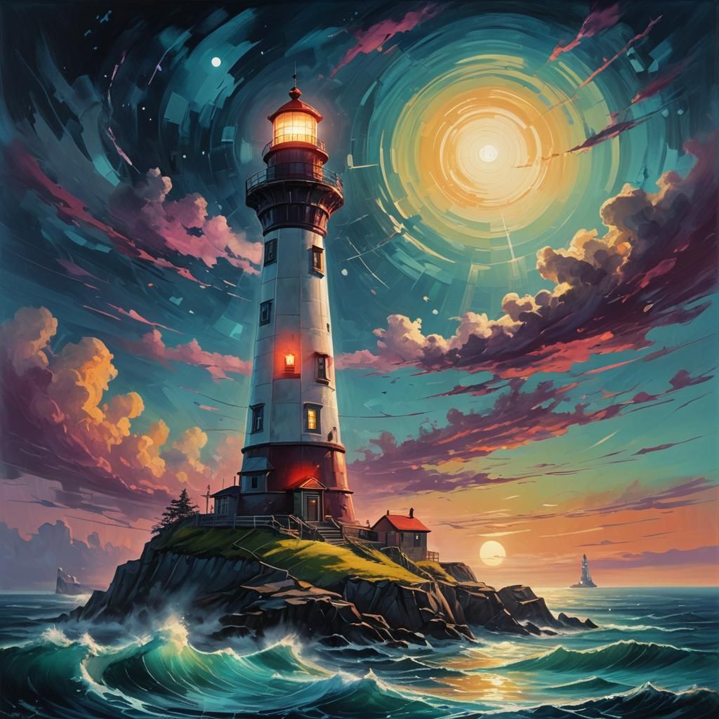 Futuristic Lighthouse Oceanscape in Vibrant Digital Art