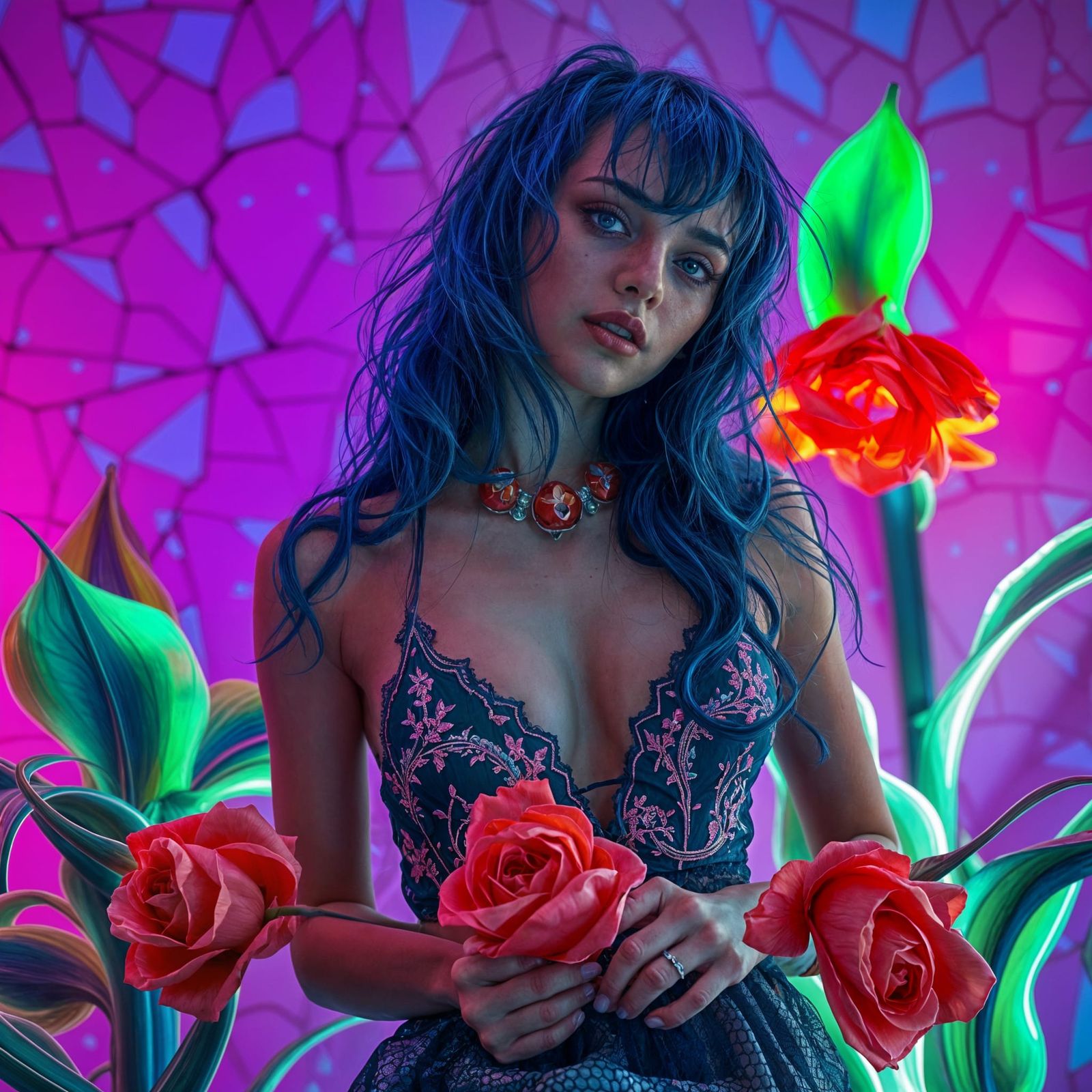 Goth Girl in Fabergé Bikini with Neon Plants
