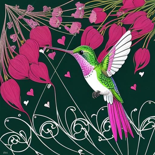 Hummingbird Feeds on Bleeding Hearts with Spirograph