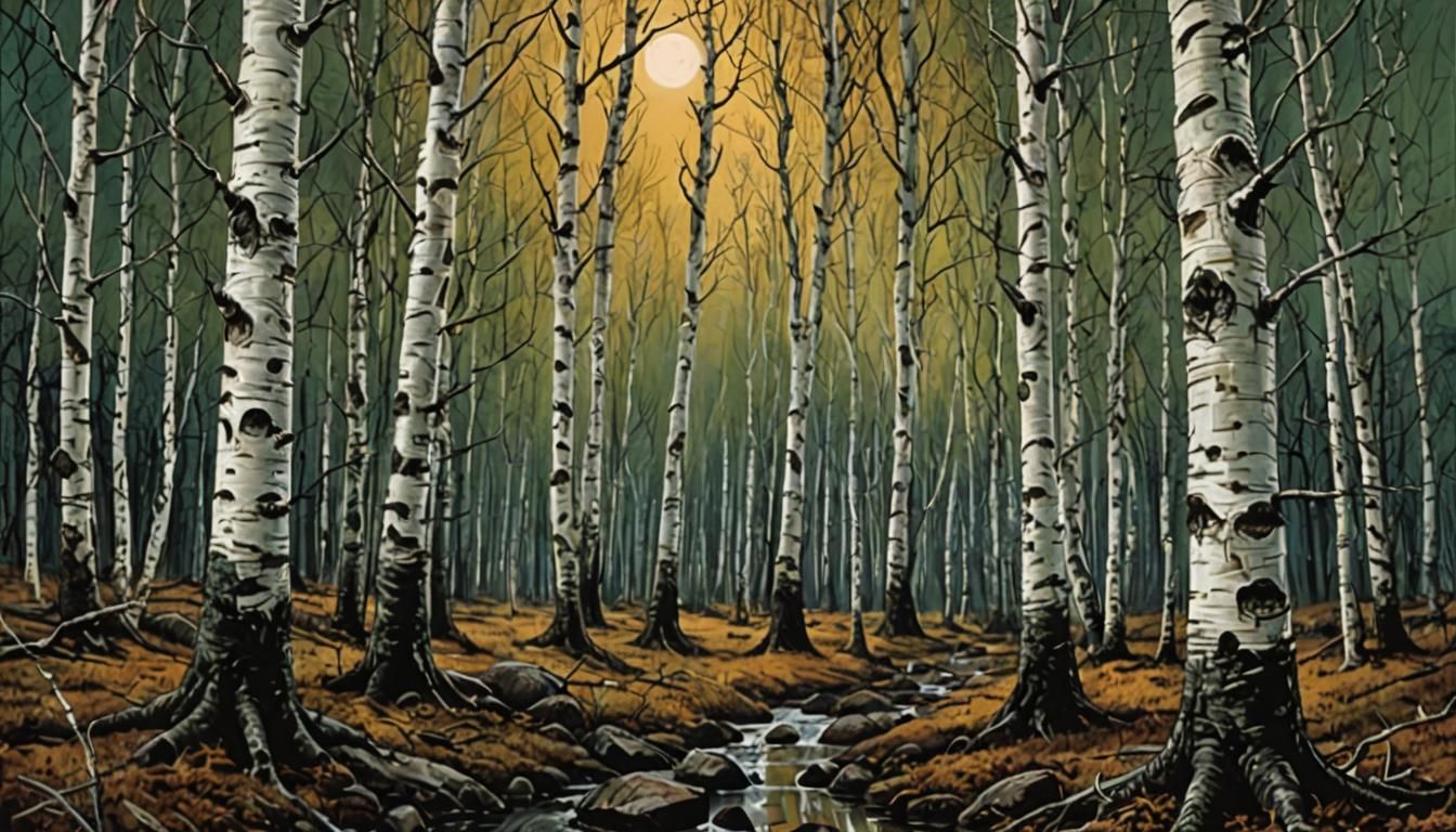 Birch trees in the woods under moonshine