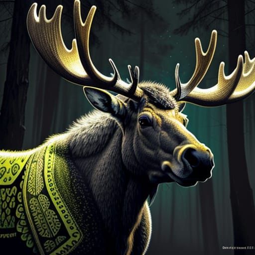 Vibrant Chartreuse Moose Roams Hyperrealistic Forest Landsca...