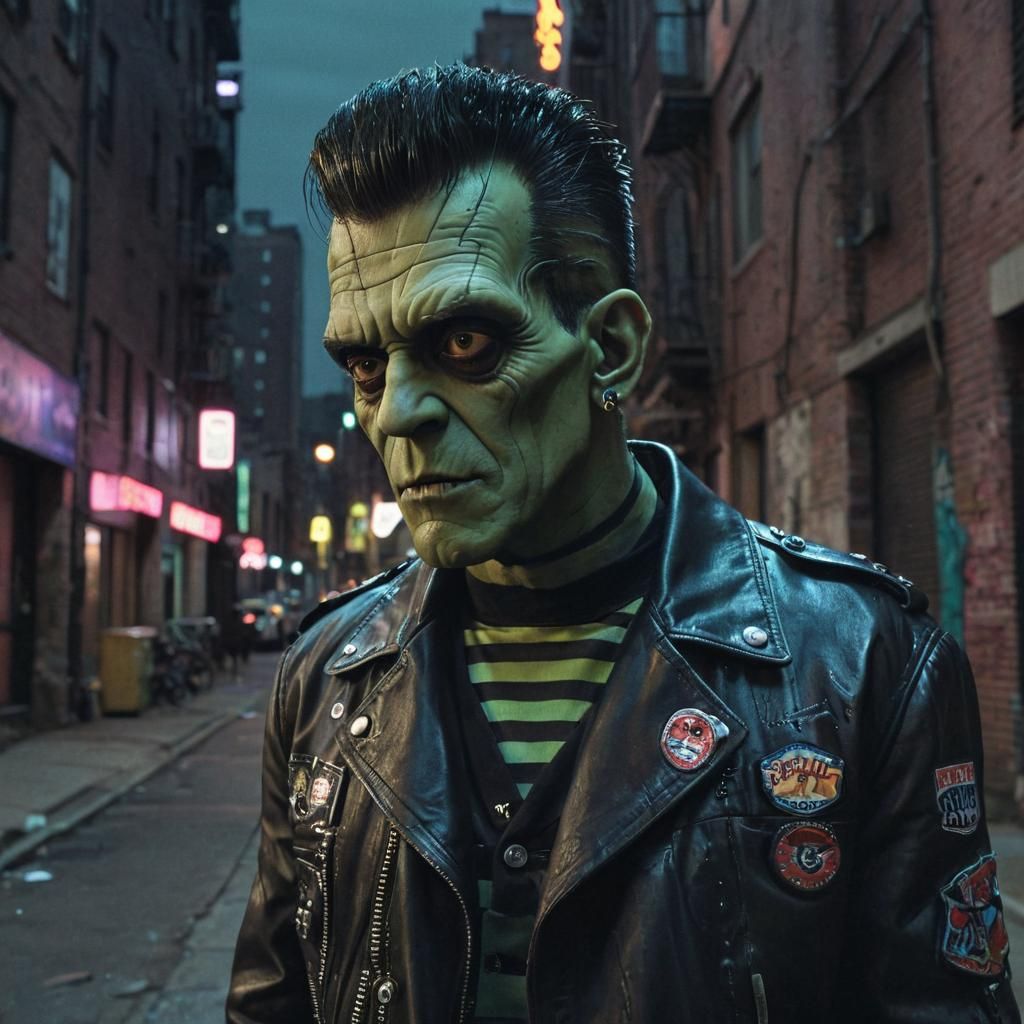 Frankenstein's Monster in Retro-Futuristic Neon Cityscape