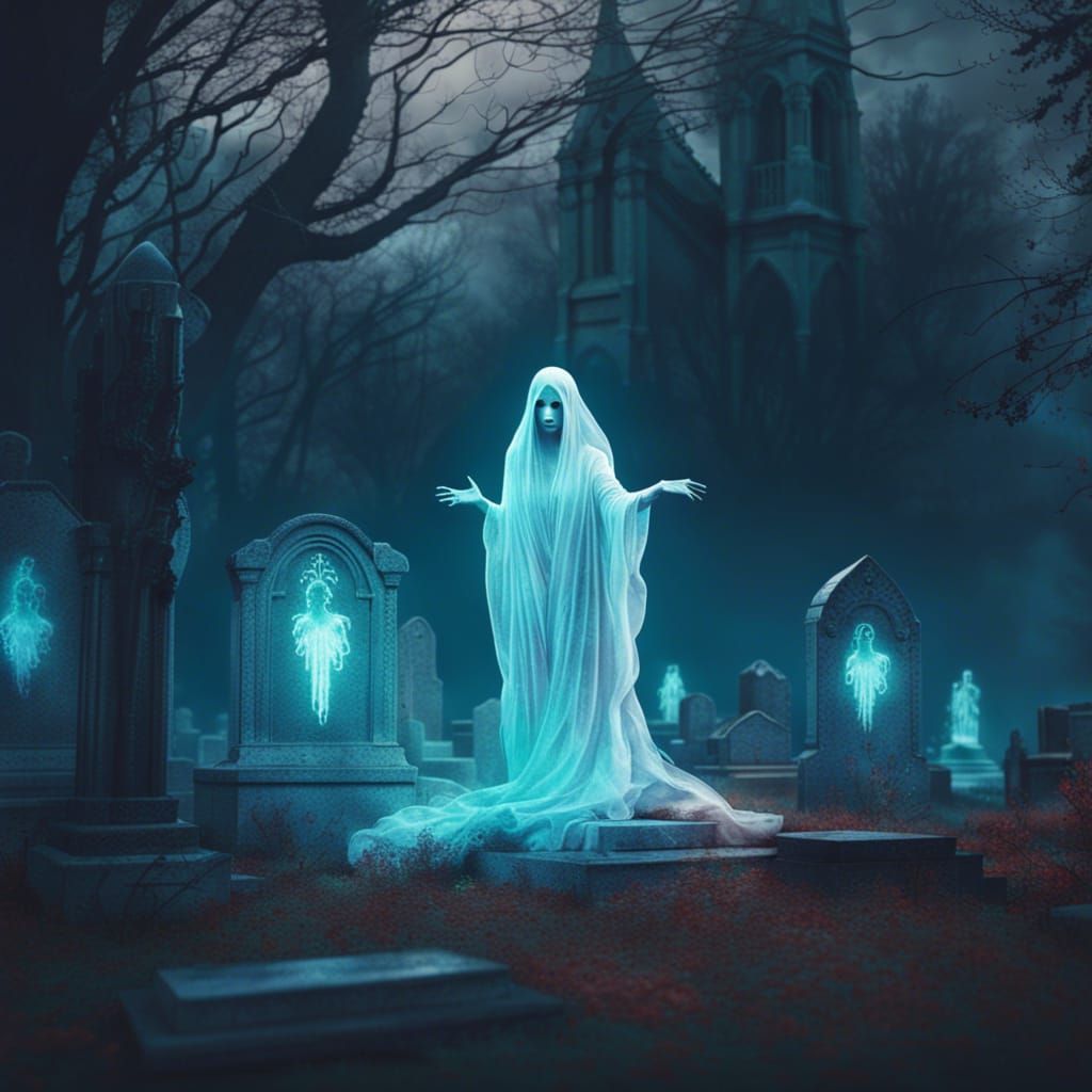 Ethereal Ghost in Cemetery, Detailed Matte Painting