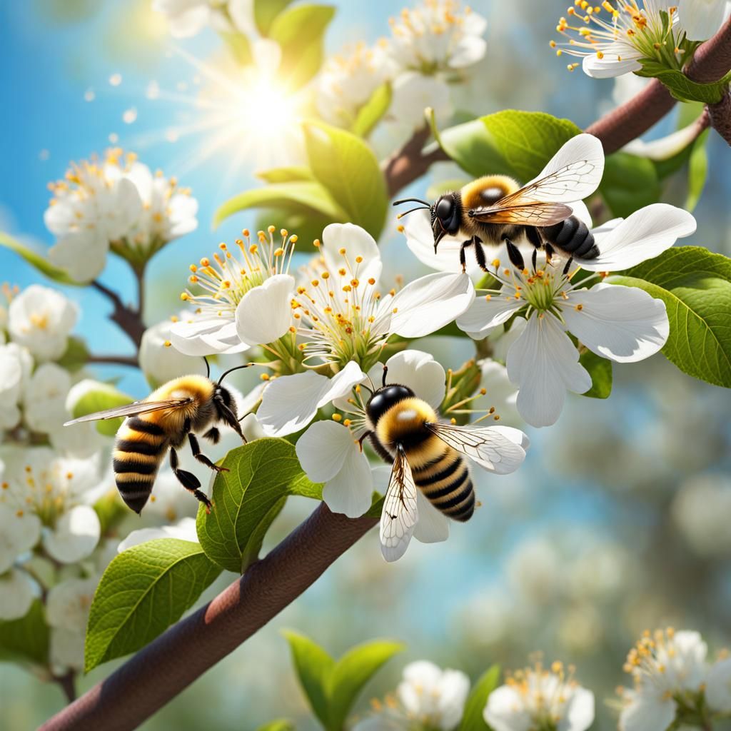 Bees Foraging on Apple Tree Branch in Bloom